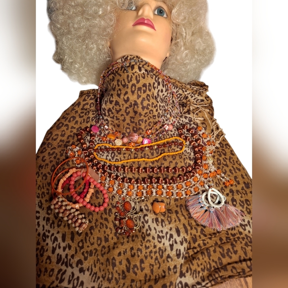 14 Bundle Lot Orange Toned Jewelry Necklaces Earrings Bracelet Funky Boho Amber